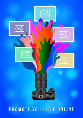 Layout Foto collage, realistic digital camera and blank image frames. Vector Illustrationのイラスト素材