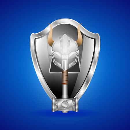 Ralistic silver helmet, shield and hammer isolated on blue backgroundのイラスト素材