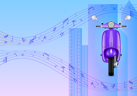 realistic electric scooter against the city, skyscrapers and musical notes. Vector Illustrationのイラスト素材