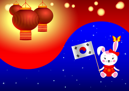 Korean tradition background banner.  Red lanterns, plush Bunny with a flag with a butterfly on the ear. Vector Illustrationのイラスト素材