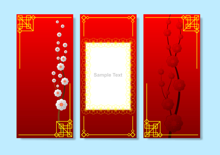Card Asian tradition pattern. Sprig with white flowers on a red background with patterns on the corners. Vector Illustrationのイラスト素材