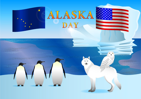 Alaska day poster. Penguins, polar wolf and owl, against the sea, icebergs and snow. Vector Illustrationのイラスト素材