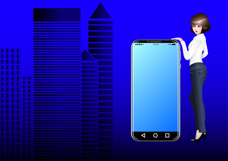 a beautiful girl in jeans, a white shirt and black shoes is standing at the mobile phone on the background of the city. Vector Illustrationのイラスト素材