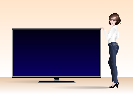 a beautiful girl in jeans, a white shirt and black shoes is standing at the TV. Vector Illustrationのイラスト素材