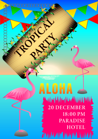 Poster Tropical Party. Flamingos at sunset and azure sea, wooden sign and multicolor flags. Vector Illustrationのイラスト素材