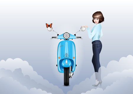 beauty girl in jeans  with realistic vintage scooter and orange butterfly. Vector Illustrationのイラスト素材