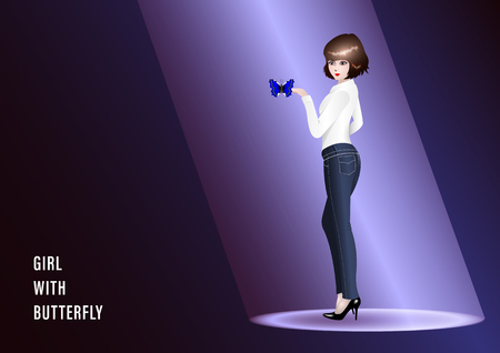 beautiful girl in jeans, white shirt and black shoes with a butterfly on her hand, illuminated by the sun. Vector Illustrationのイラスト素材