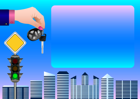 keys with remote control in hand on city background, traffic light. Vector Illustrationのイラスト素材