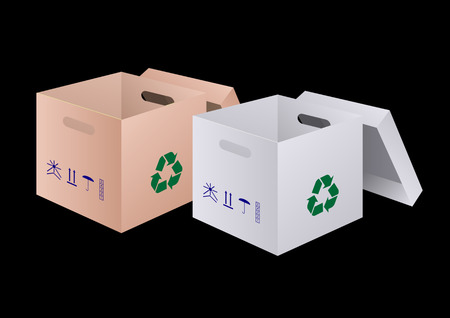 open cardboard box for product packaging with separate cover, with trademarks on the sides, 3D realistic designのイラスト素材