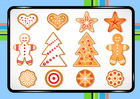 Set of cute gingerbread cookies for christmas on a baking sheet. Vector Illustrationのイラスト素材