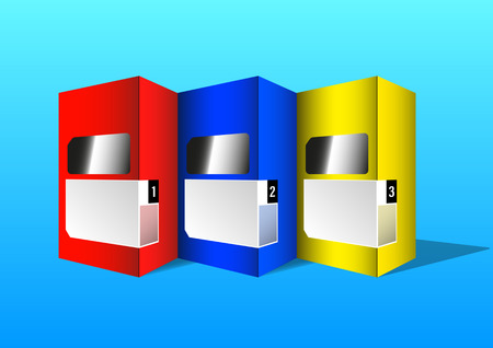 multicolored cardboard box with plastic window for product packaging, realistic 3D design. Vector Illustrationのイラスト素材