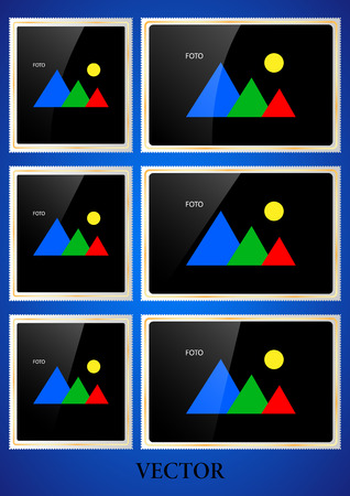 A set of Retro realistic photo frames. Blank instant photo card with shadow effect white border isolated on blue background. Template Retro frames photo design for an album. Vector Illustrationのイラスト素材