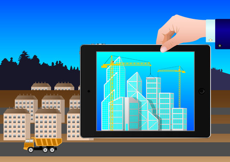 hand holding a tablet with a project to build new skyscrapers on the background of the old city. Vector Illustrationのイラスト素材