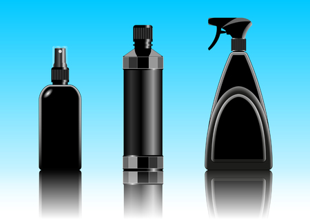 black plastic container, packaging for cosmetic, chemical, liquid products, a set of different shapes. Vector Ilustrationのイラスト素材