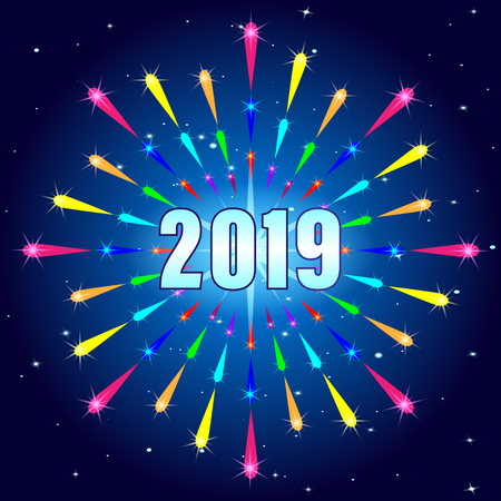 Happy New 2019. Multi-color Fireworks Shape. Vector Illustrationのイラスト素材