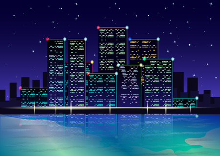 Night city lights on the beach. Neon light. Starry sky. Vector Illustrationのイラスト素材