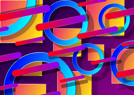 3d abstract background with colorful geometric shapes with gradient and shadow: rings, squares, and rounded rectangles. Vector Illustrationのイラスト素材