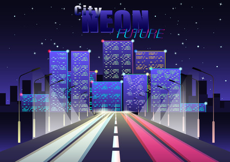 Neon future City. Cityscape on a dark background with bright and glowing neon purple and blue lights. Wide highway side view. Cyberpunk and retro wave style Vector Illustrationのイラスト素材