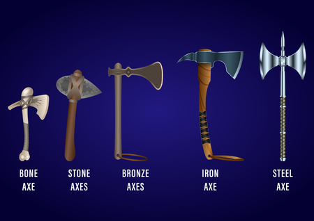 realistic set of historical fighting axes: bone, stone, bronze, iron, steel. Vector Illustrationのイラスト素材