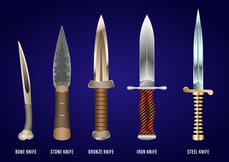 realistic set of historical fighting knives: bone, stone, bronze, iron, steel. Vector Illustrationのイラスト素材