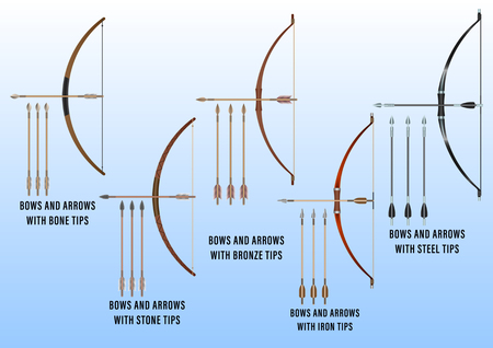 realistic set of historical fighting bows and arrows: bone, stone, bronze, iron, steel. Vector Illustrationのイラスト素材