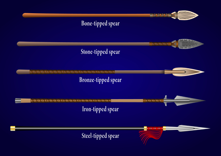 realistic set of historical fighting spears: bone, stone, bronze, iron, steel. Vector Illustrationのイラスト素材