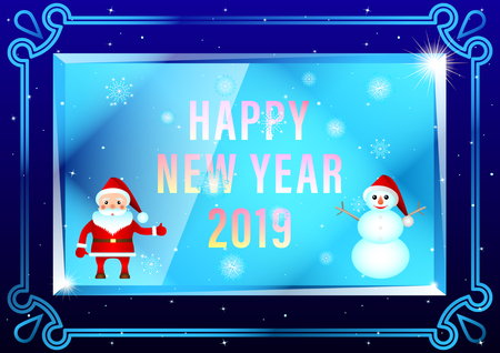 Happy New Year 2019. The inscription is frozen in an ice transparent plate, Santa Claus and snowman on the edges, snowflakes on the background of the starry sky. Vector Illustrationのイラスト素材