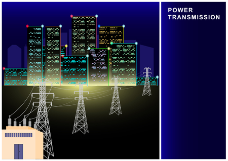 Power Transmission, electricity, high voltage line, transformer, city power supply. Bright lights of night skyscrapers, multi-storey buildings Vector Illustrationのイラスト素材
