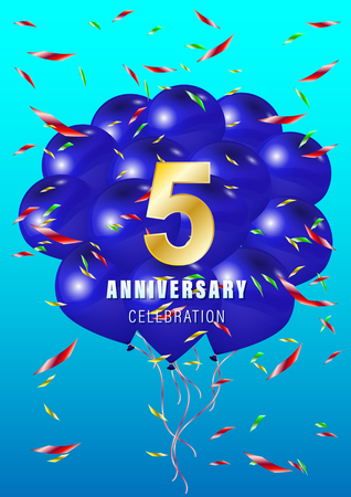 Ten anniversary celebration. Gold number 5 with sparkling confetti and flying blue balls. Vector holiday illustration. Realistic 3D sign. Birthday or wedding event decorationのイラスト素材