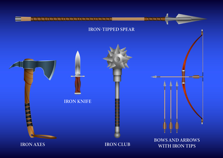 Realistic 3d Set Iron fighting cold weapon izolated on a blue background. Vector Illustrationのイラスト素材