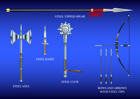 Realistic 3d Set Steel fighting cold weapon izolated on a blue background. Vector Illustrationのイラスト素材