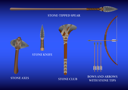 Realistic 3d Set Stone fighting cold weapon izolated on a blue background. Vector Illustrationのイラスト素材
