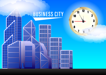 Business City. Clocks and skyscrapers against a blue sky with clouds. Vector Illustrationのイラスト素材
