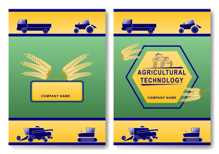 Agricultural technology cover design template. farm machinery and ears of wheat. Truck, wheeled and tracked tractors, harvester,のイラスト素材