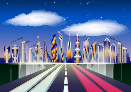 Future cityscape. Highway leading to the city. skyscrapers against clouds and starry sky. Vector Illustrationのイラスト素材