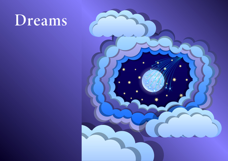 imitating paper art and craft style; starry sky appears through layers of of stylized clouds, shooting star. Vector Illustrationのイラスト素材