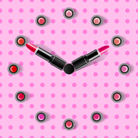 clock face and arrows on a pink background made from lipsticks. Realistic Vector Illustration.のイラスト素材