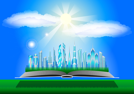 Open book with smart city against the blue sky and the sun behind the clouds. Modern buildings. Green city. Vector Illustrationのイラスト素材