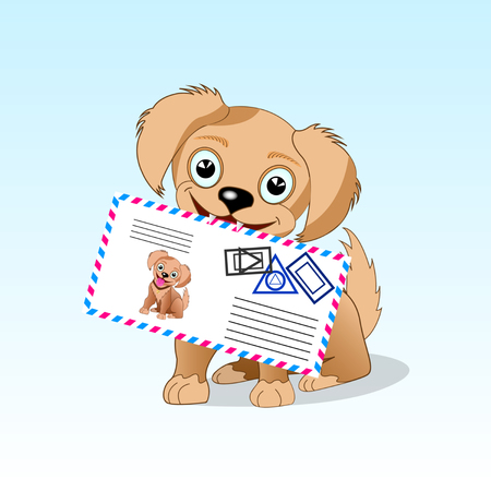 dog postman. Fun brown puppy is sitting with the mail envelope in the teeth. Vector Illustrationのイラスト素材
