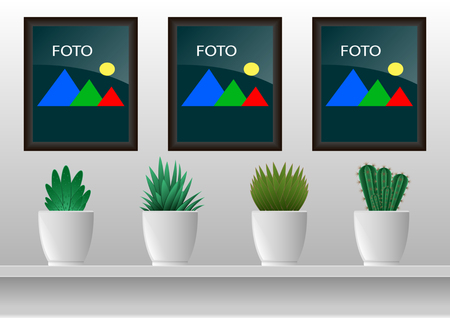 houseplants in potted and photoframes on the wall. Collection of various cactus. Vector Illustration.のイラスト素材