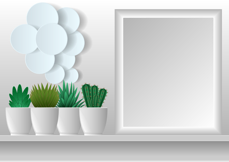 houseplants in potted and photoframes on the wall. Collection of various cactus. Vector Illustration.のイラスト素材