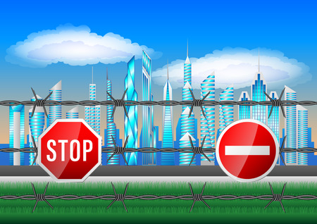 No entry in City. Skyscrapers fenced with barbed wire, prohibiting signs. The border fence. Vector Illustrationのイラスト素材