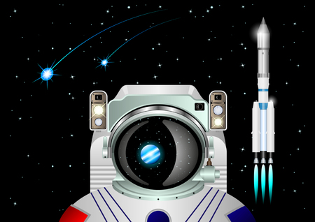 astronaut on the background of space, comets, rocket, the reflection of the planet on the helmet. Realistic 3d vector Illustrationのイラスト素材