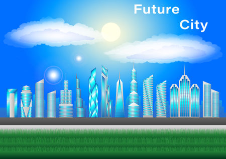 Future cityscape. Skyscrapers against clouds and blue sky. Sunny day in modern cities.  Vector Illustrationのイラスト素材