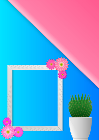 Realistic 3d houseplants in potted and photoframes on the wall. Floral flat lay minimalism geometric patterns greeting card. Vector Illustration.のイラスト素材