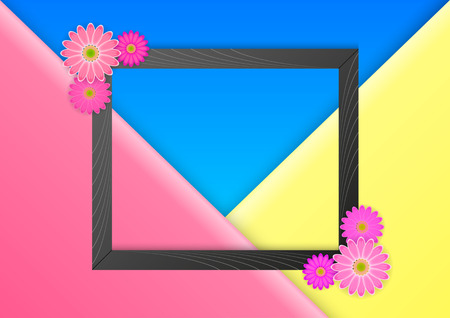 Realistic 3d photoframe with flowers at the corners, on the folded triangle of candy colors. Floral flat lay minimalism geometric patterns greeting card. Vector Illustration.のイラスト素材