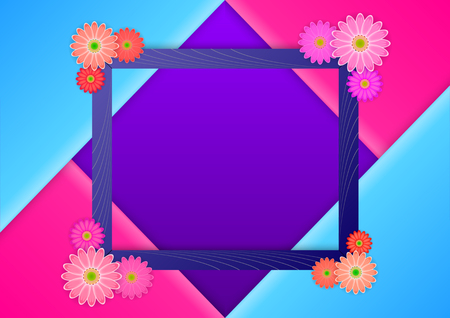 Realistic 3d photoframe with flowers at the corners, on the folded triangle of candy colors. Floral flat lay minimalism geometric patterns greeting card. Vector Illustration.のイラスト素材
