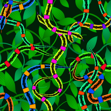 Multicolored Snakes and green leaves Pattern Seamless on a dark background. Vector Illustrationのイラスト素材