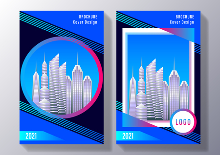 Broshure cover design: skyscrapers, cityscape on on the background of geometric shapes of blue stripes and circles. Vector Illustrationのイラスト素材