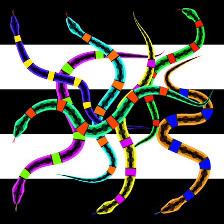 Set multicolored writhing snakes on black and white stripes . Vector Illustrationのイラスト素材